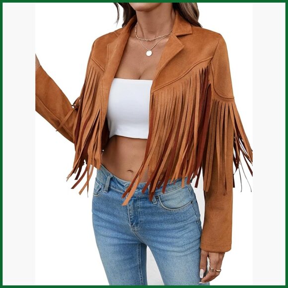 Jackets & Blazers - Faux Suede Leather Tassel Jacket with Fringe Cropped Western Style